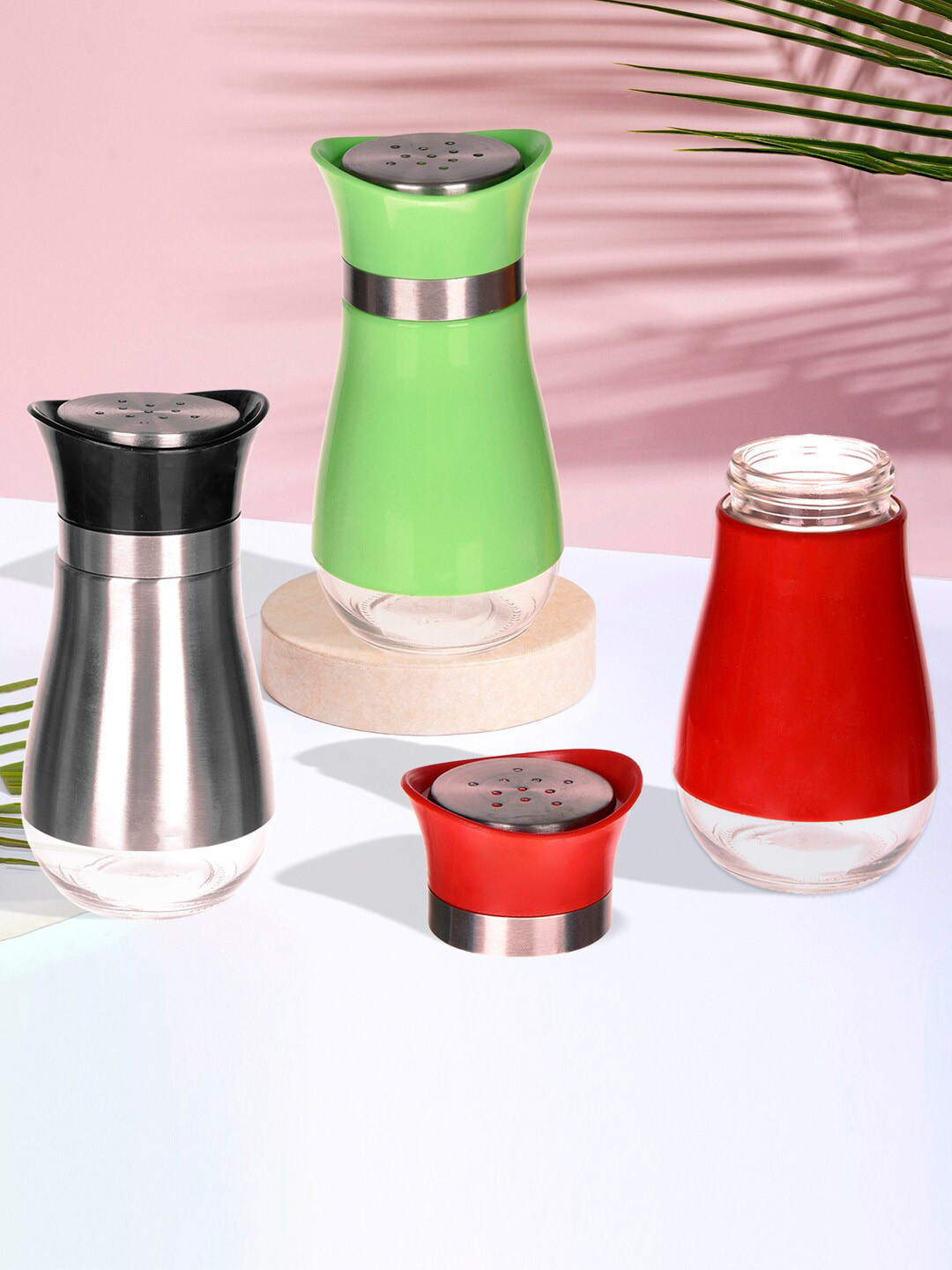 Kuber Industries Green & Red 3 Pieces Stainless Steel Salt & Pepper Shaker