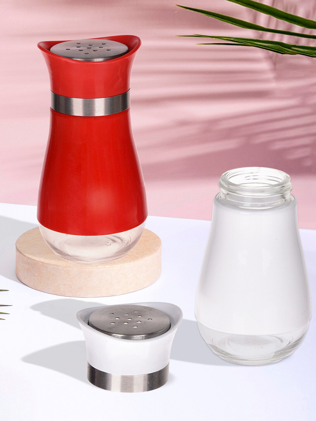 Kuber Industries Red & White 2 Pieces Stainless Steel Salt & Pepper Masala Boxs