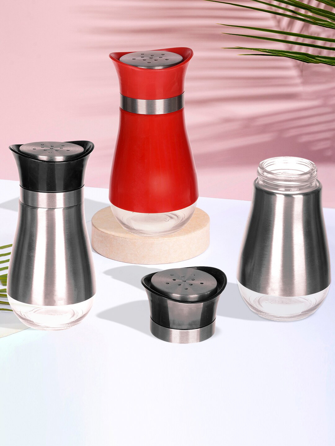 Kuber Industries Red & Silver Toned 3 Pieces Stainless Steel Salt Shaker Box