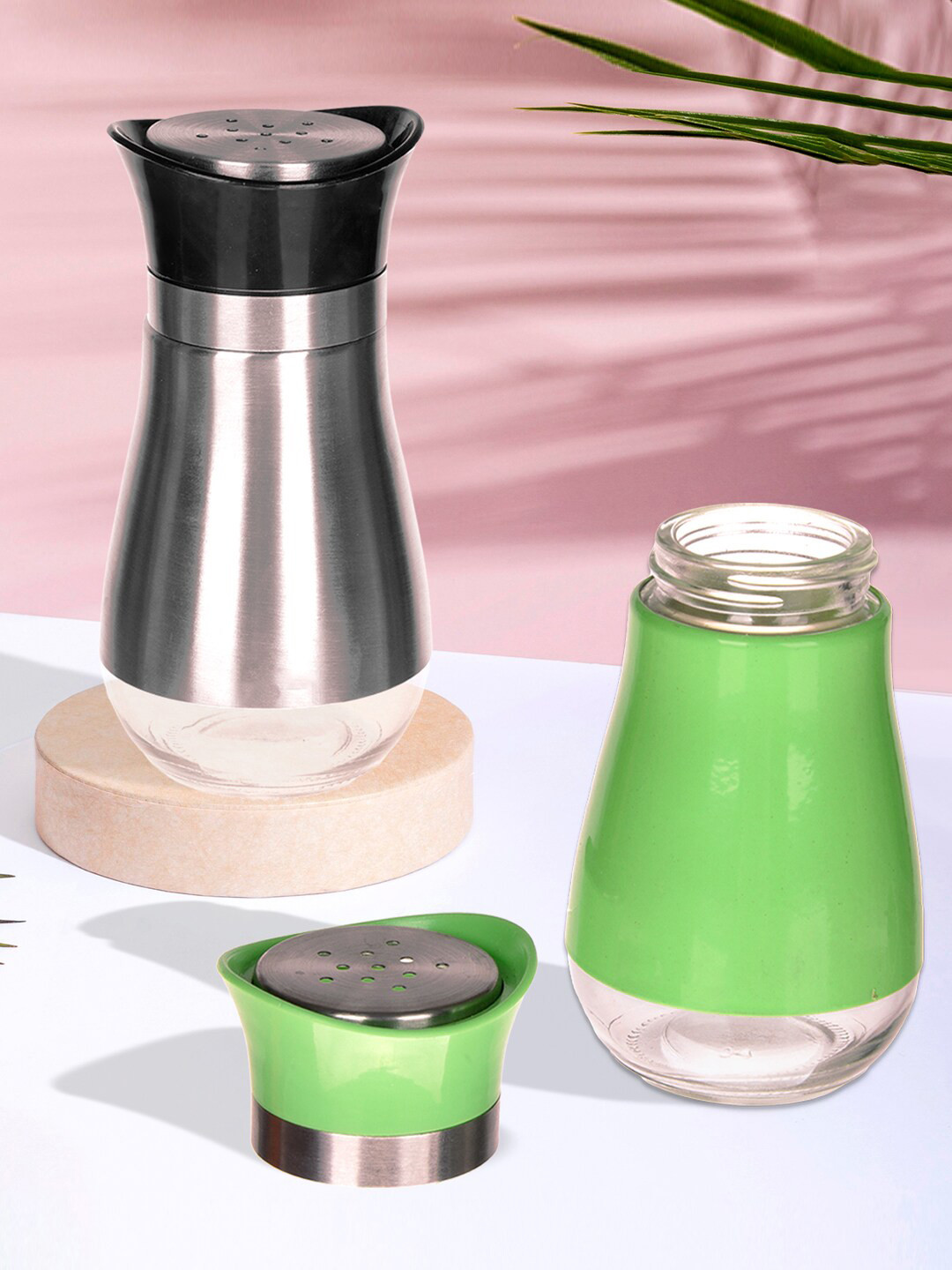 Kuber Industries Green & Silver Toned 2 Pcs Stainless Steel Salt & Pepper Shakers