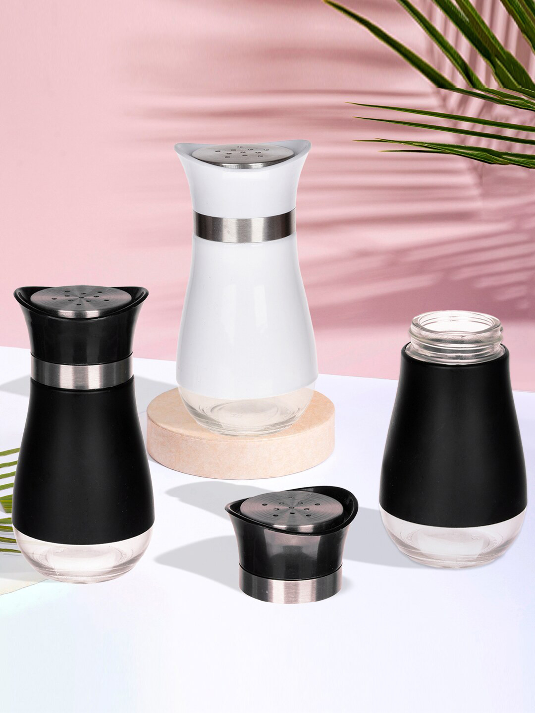 Kuber Industries Black & White 3 Pcs Stainless Steel Salt and Pepper Shakers