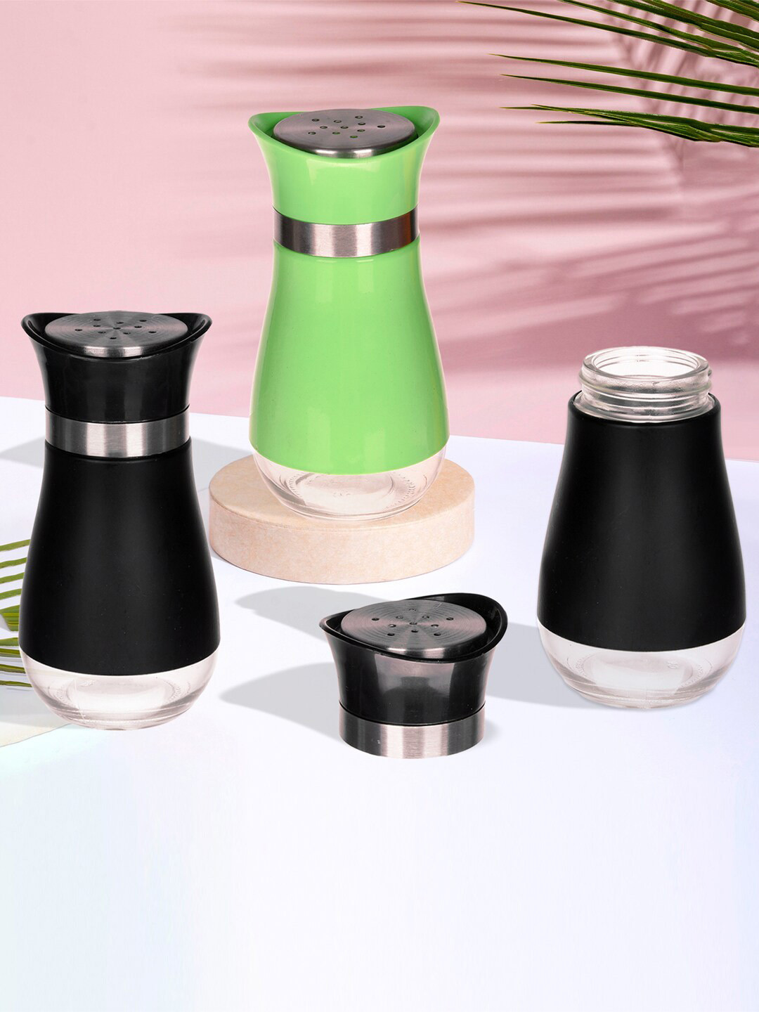 Kuber Industries Green & Black 3 Pieces Stainless Steel And Glass Salt & Pepper Shakers