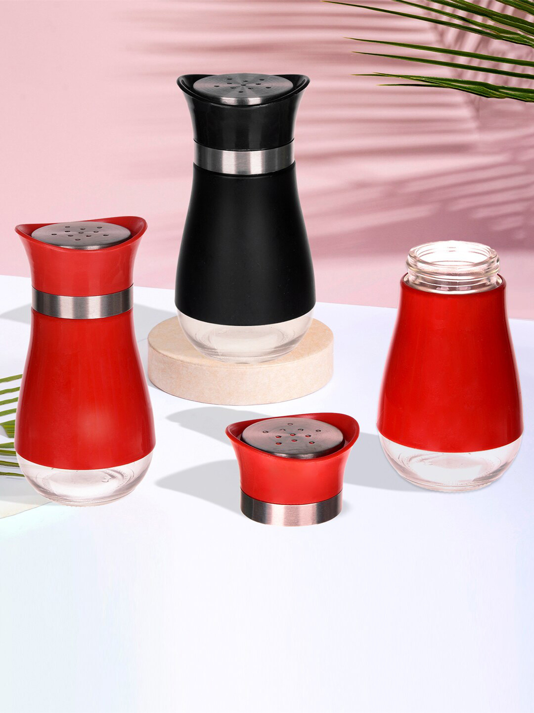 Kuber Industries Red & Black 3 Pieces Stainless Steel Salt & Pepper Masala Boxs