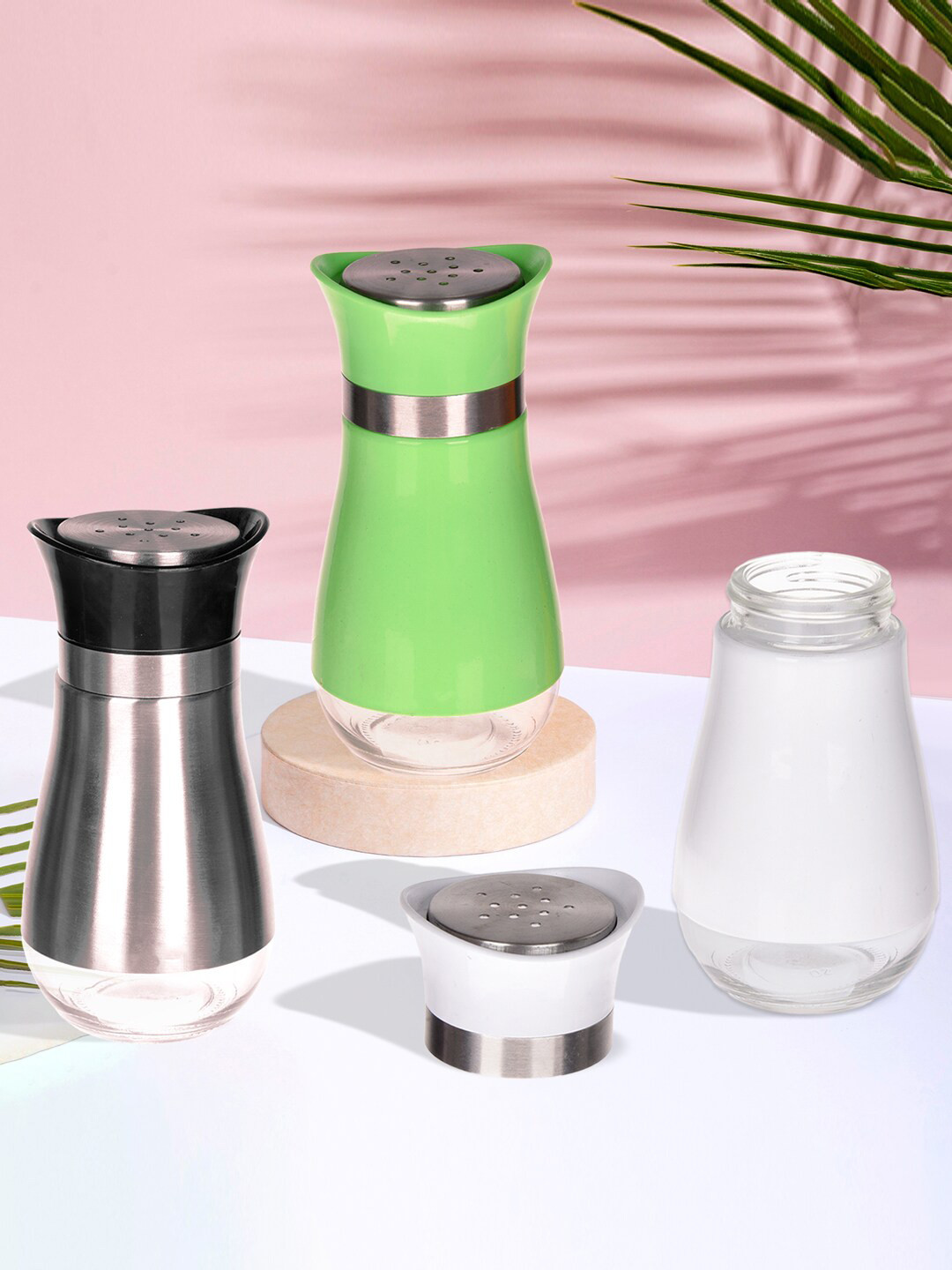 Kuber Industries Green 3 Pieces Stainless Steel Salt and Pepper Shakers