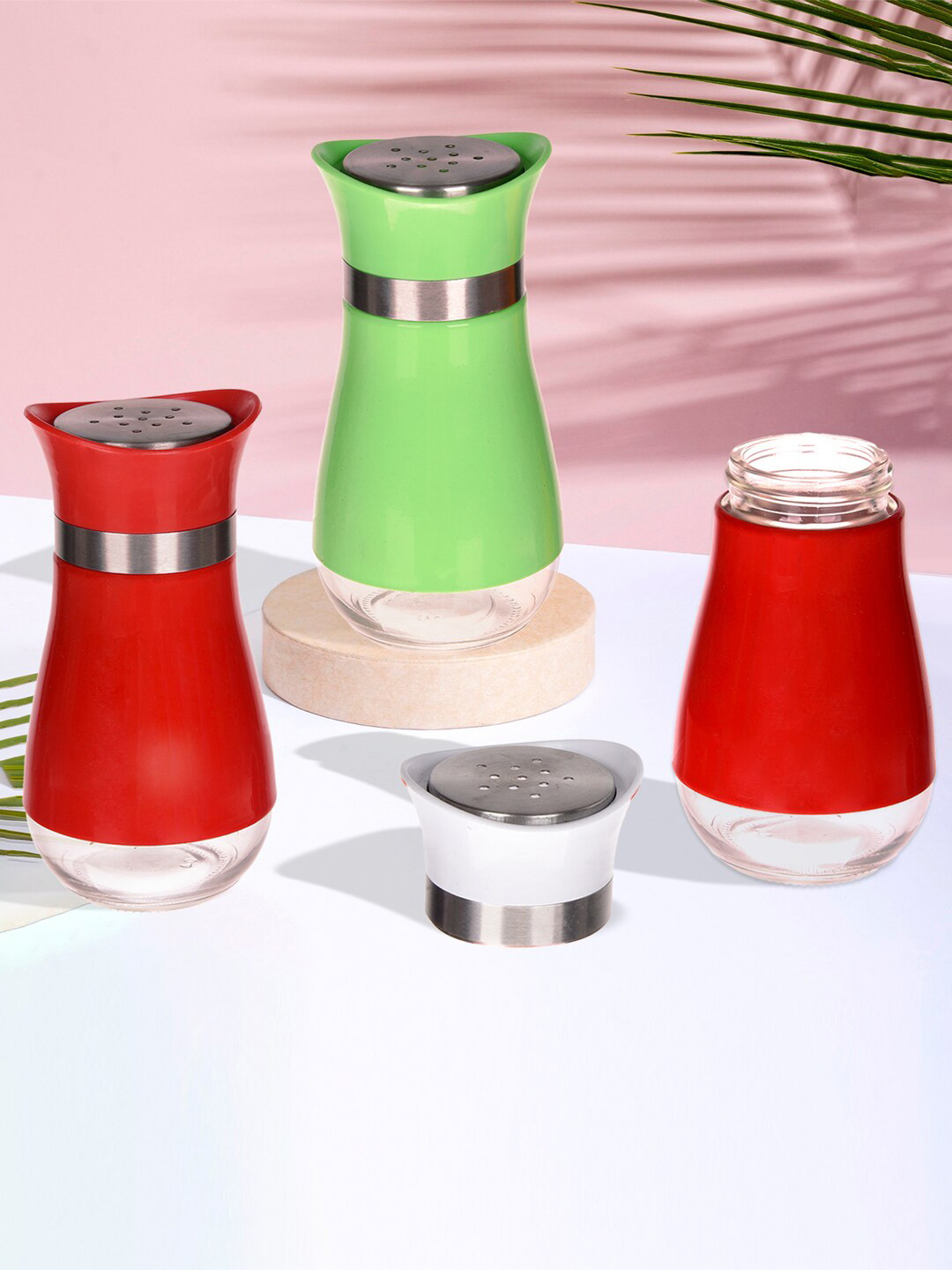 Kuber Industries 3 Pcs Red & Green Stainless Steel Salt & Pepper Shaker Box