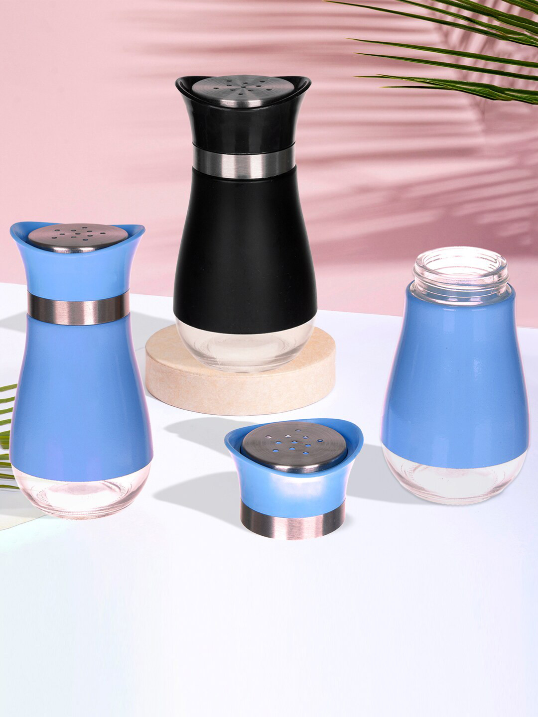 Kuber Industries Blue & Black 3 Pieces Stainless Steel Salt & Pepper Shaker