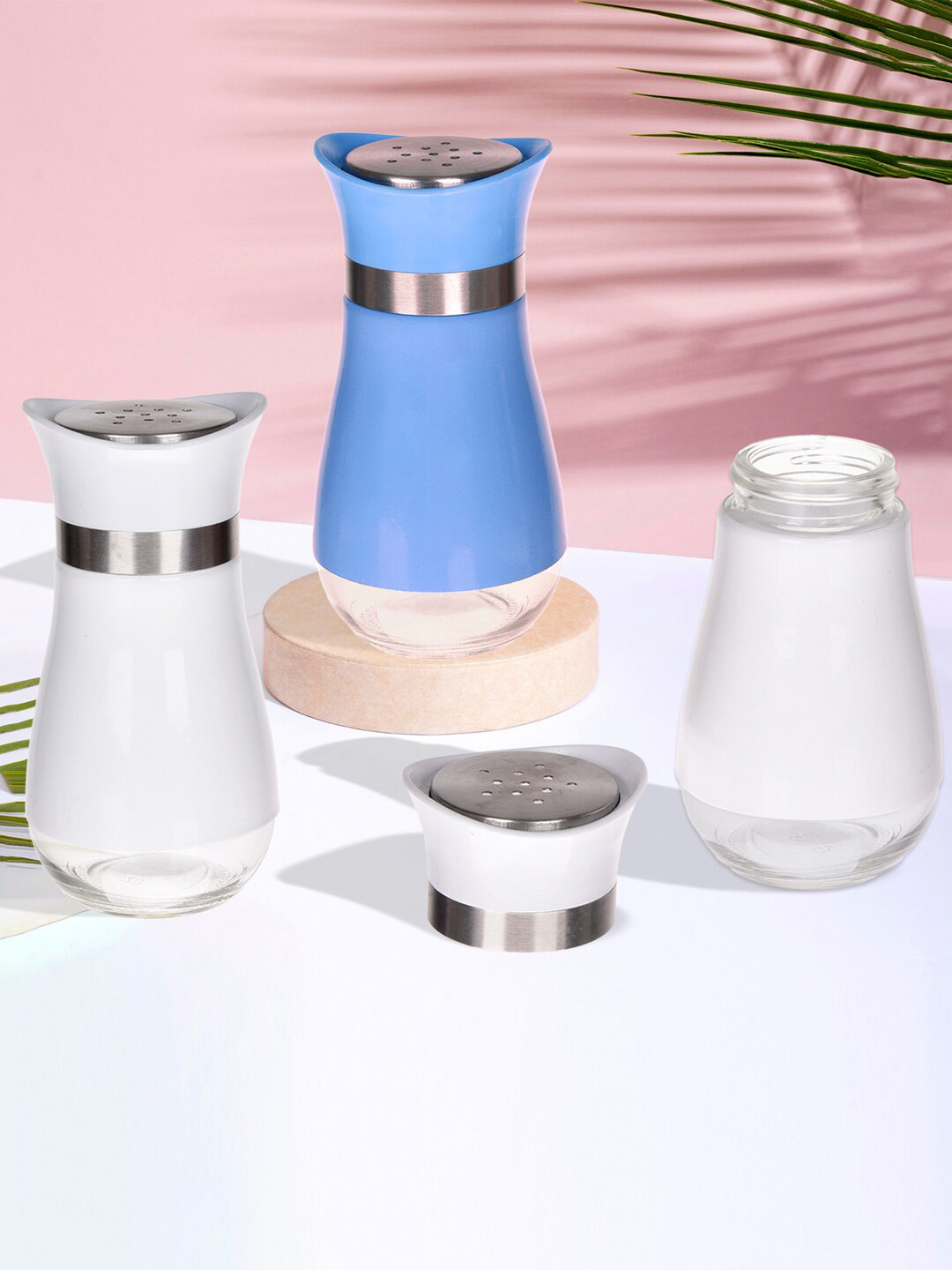 Kuber Industries Blue & White 3 Pieces Stainless Steel And Glass Salt & Pepper Shakers