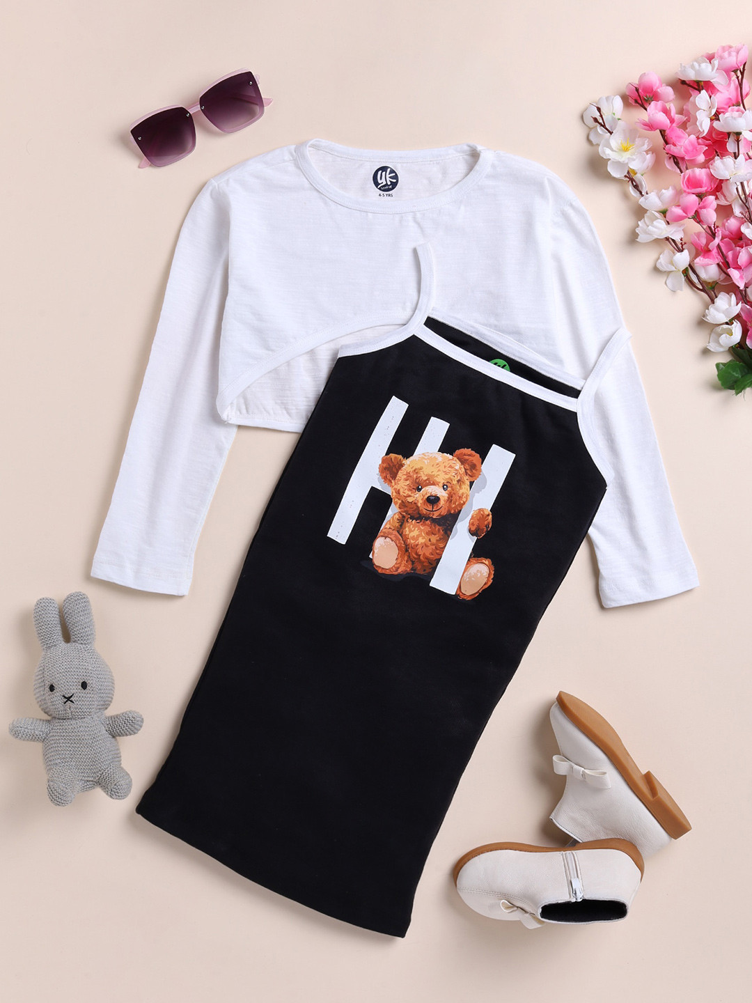 YK Girls Graphic Printed Cotton A-Line Dress With Crop T-shirt