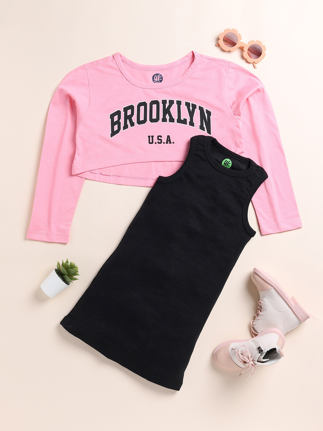 YK Girls Typography Printed Cotton A-Line Dress With Crop T-shirt