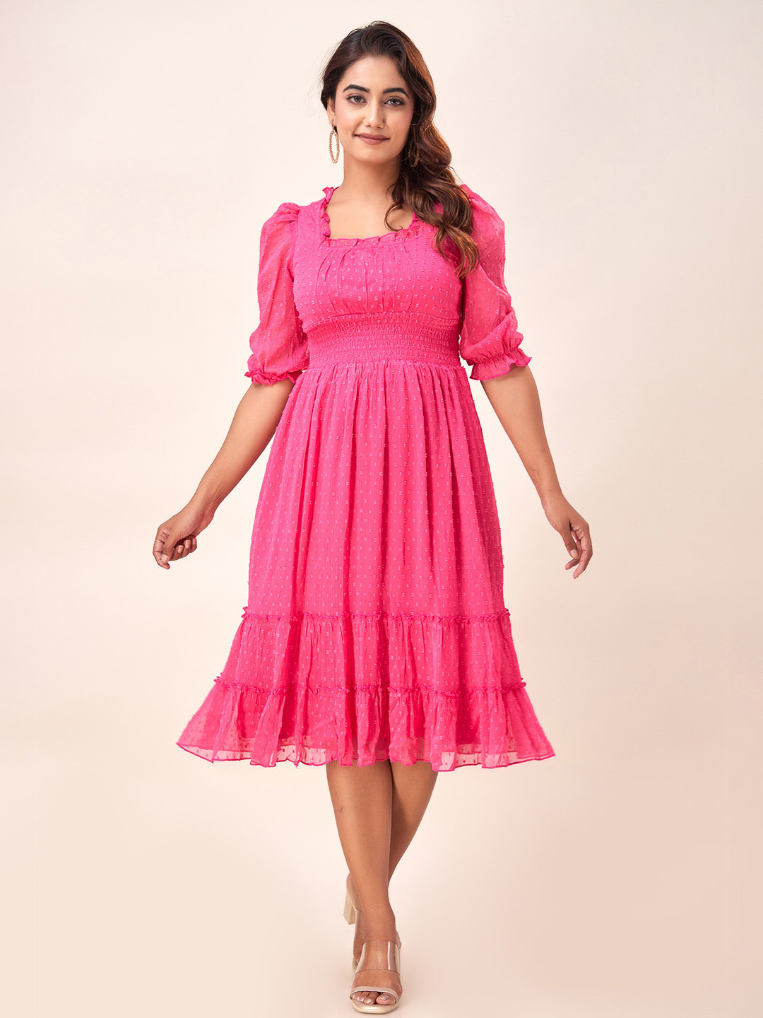 SVARCHI Self Design Square Neck Puff Sleeve Smocked & Ruffled Chiffon Tiered Empire Dress