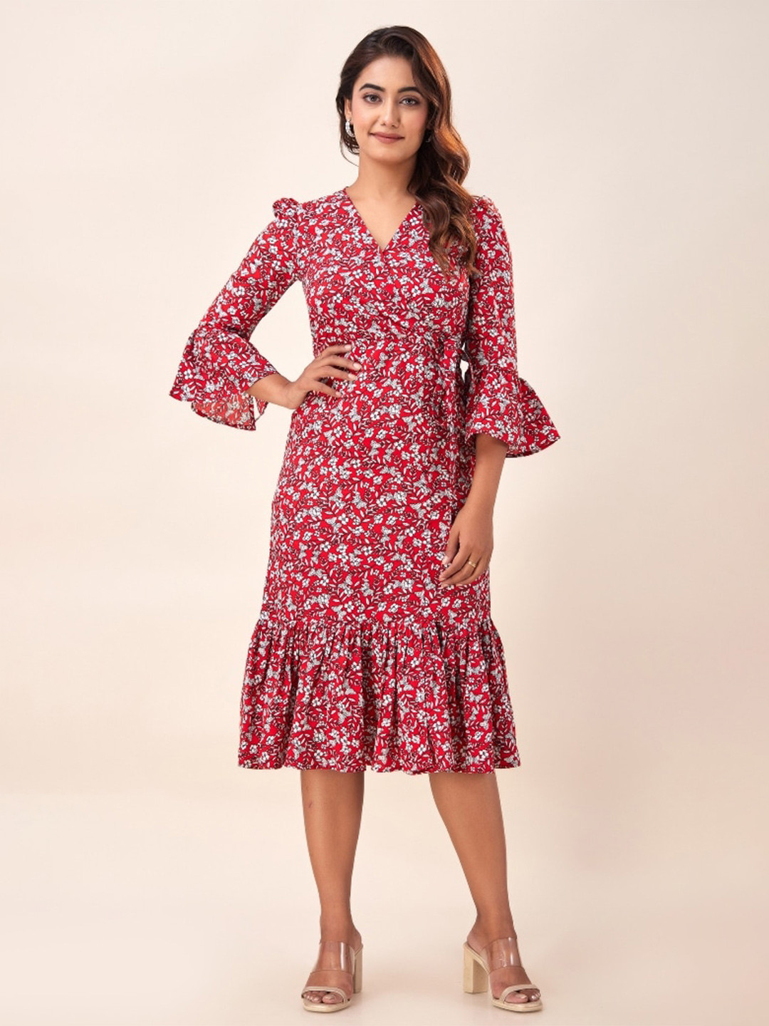 SVARCHI Floral Printed V- Neck Bell Sleeves Midi Wrap Dress