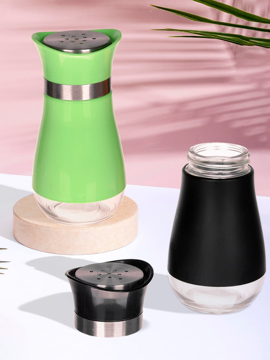 Kuber Industries Green & Black 2 Pcs Stainless Steel Salt and Pepper Shakers