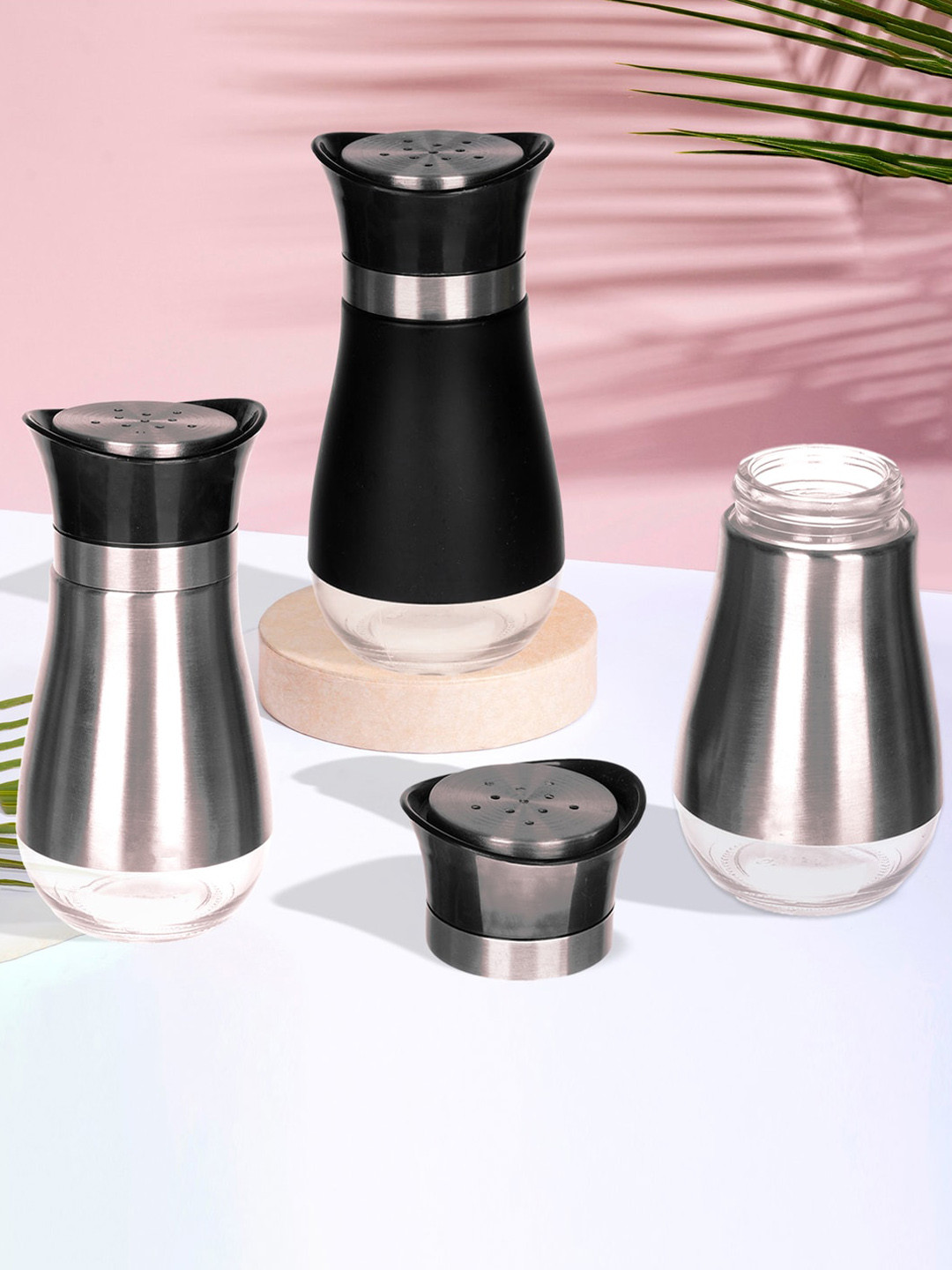 Kuber Industries Black & Silver Toned 3 Pieces Stainless Steel Salt & Pepper Masala Boxs