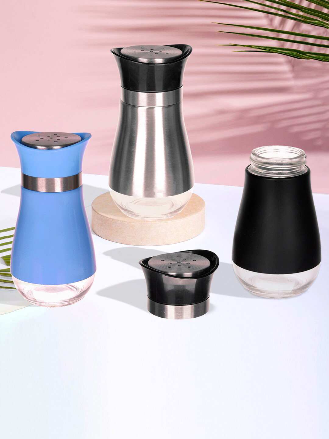 Kuber Industries Blue & Black & Silver 3 Pieces Stainless Steel Salt & Pepper Shaker