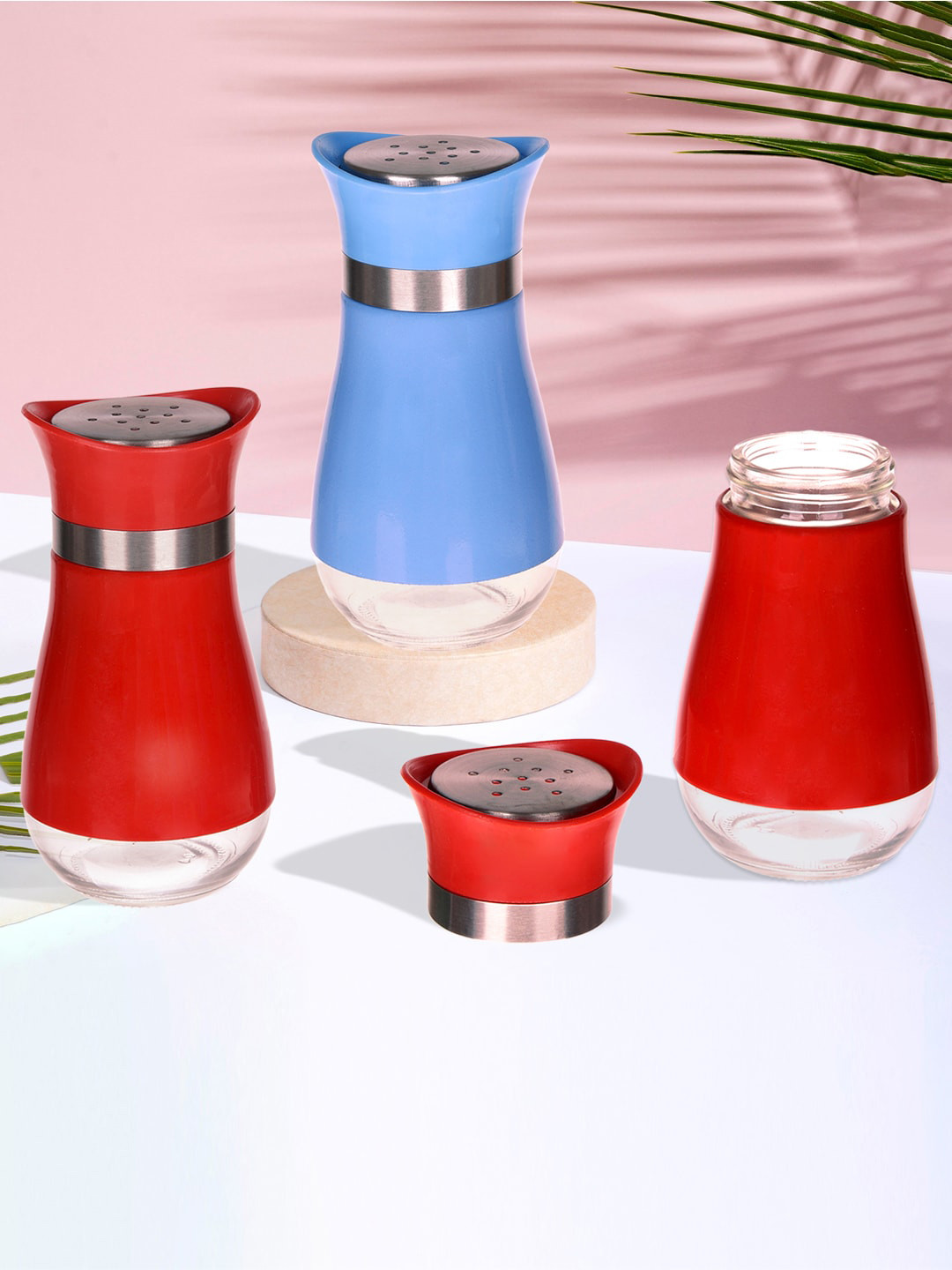 Kuber Industries Blue & Red 3 Pieces Stainless Steel Salt & Pepper Masala Boxs