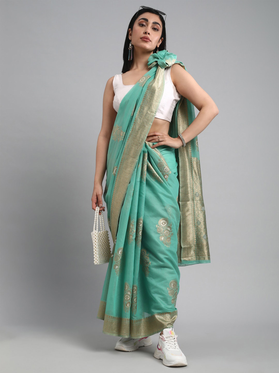 Mitera Turquoise Floral Woven Design Zari Banarasi Saree