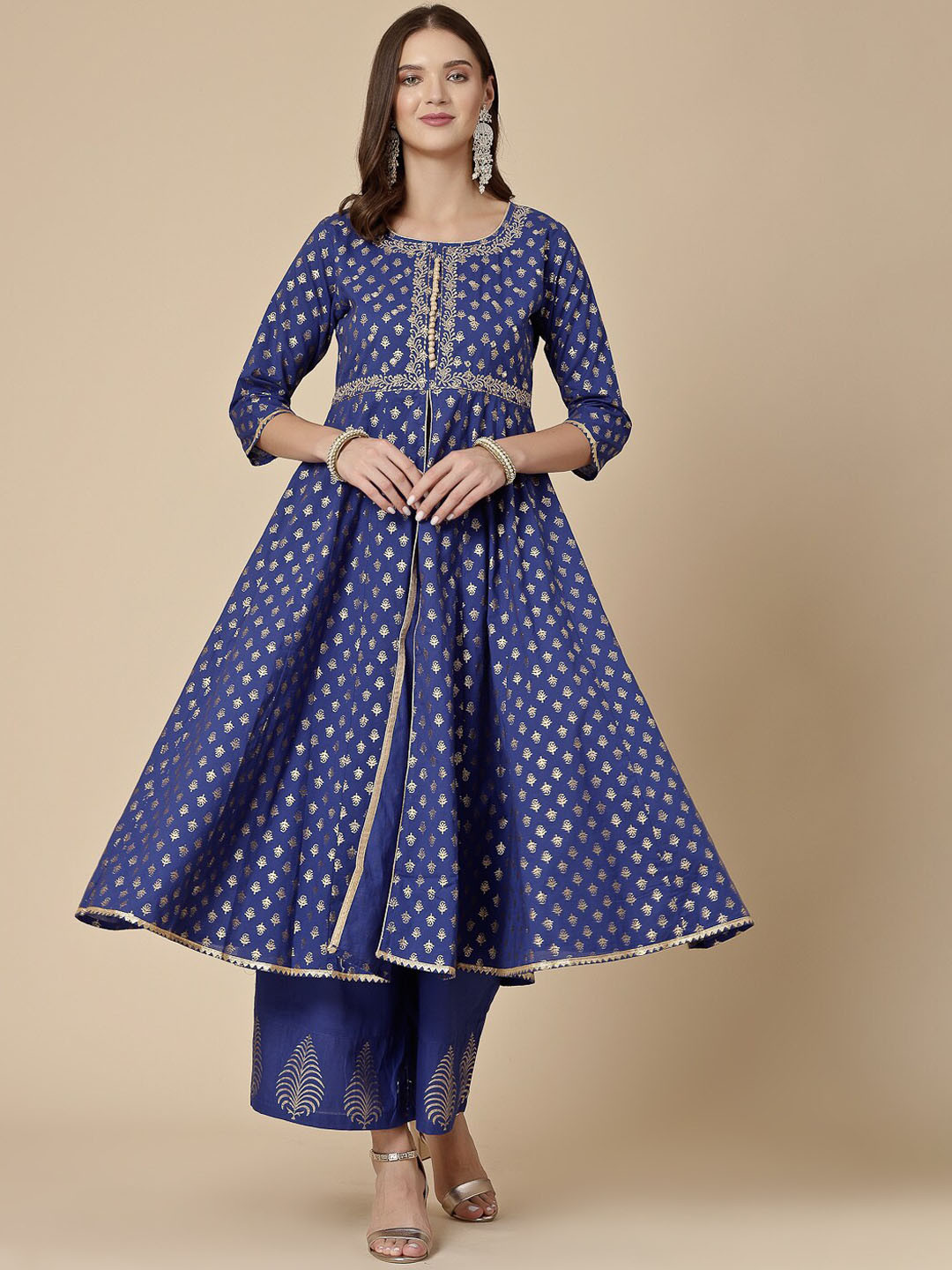 Sangria Alina Cut Ethnic Motifd Printed Thread Work Pure Cotton A-Line Kurta & Palazzo With Dupatta
