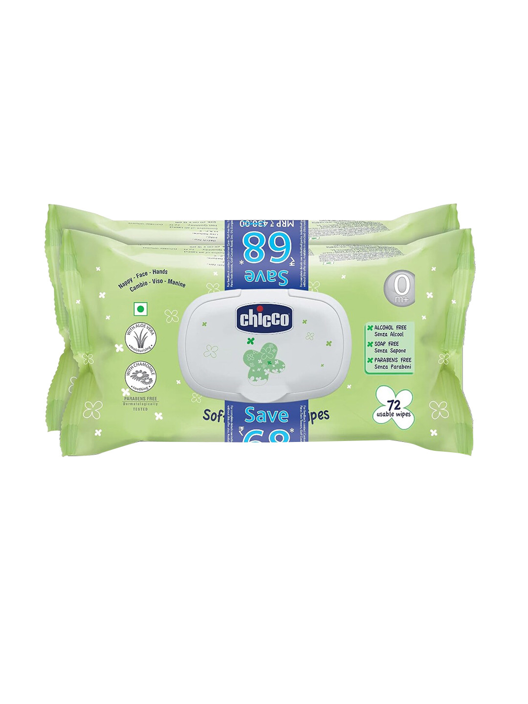 Chicco Set Of 2 Baby Moments Soft Cleansing Wipes For Nappy Face & Hands - 72 Wipes Each