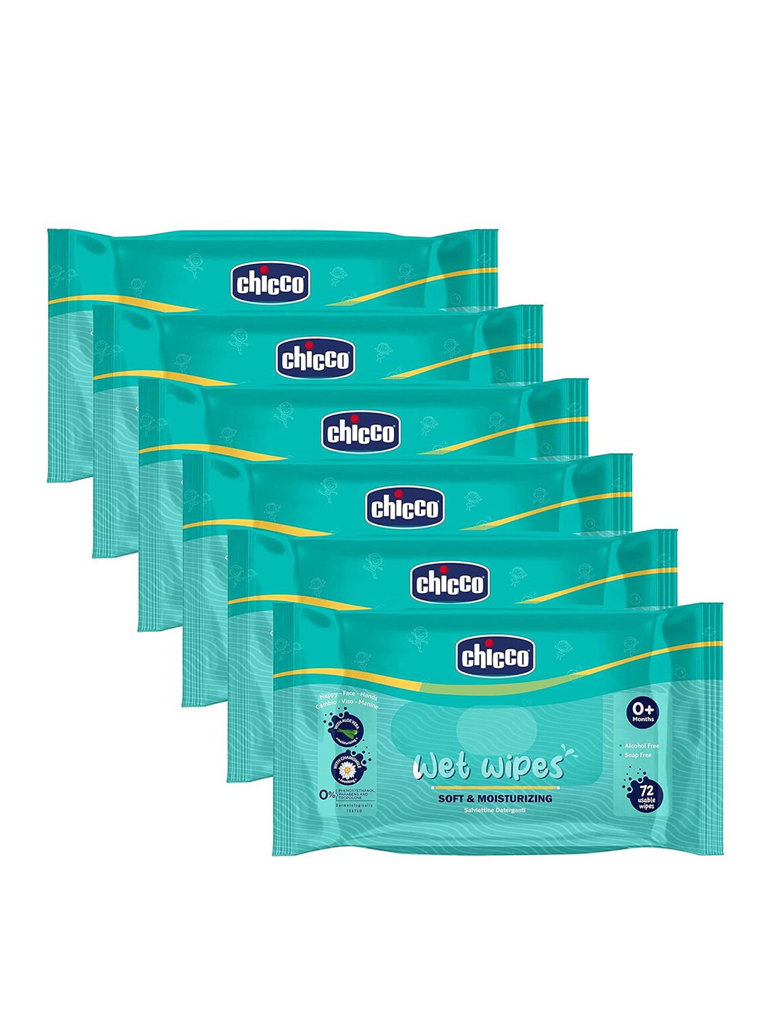 Chicco Set Of 6 Baby Moments Soft Cleansing Wet Wipes For Nappy Face & Hands-72 Wipes Each