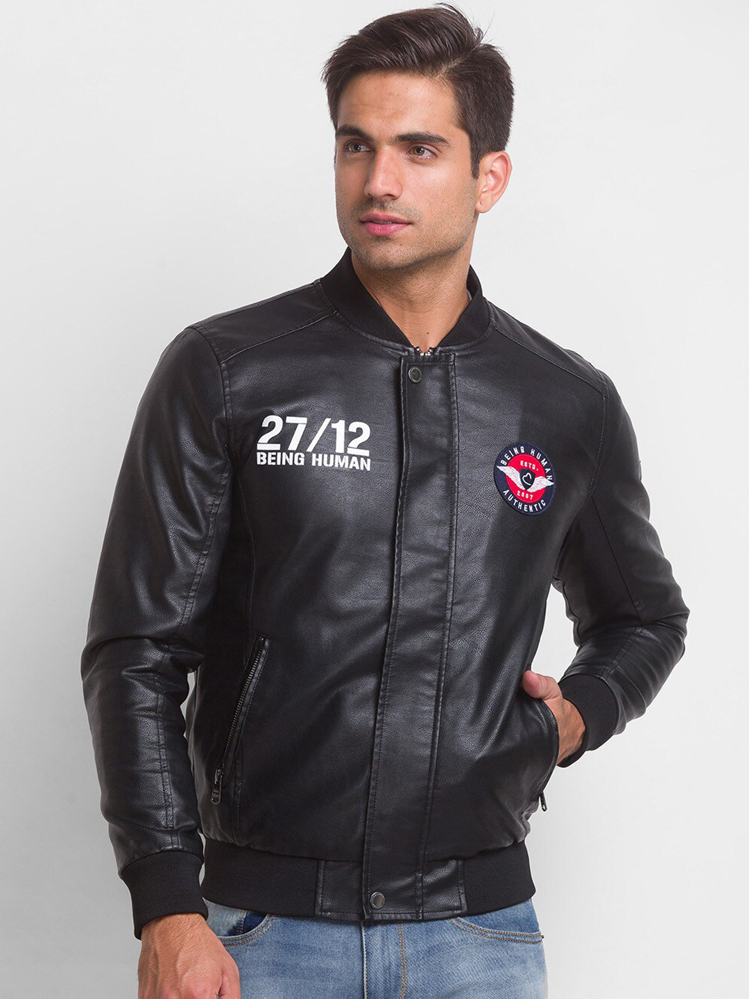Being Human Stand Collar Biker with Patchwork Cotton Jacket