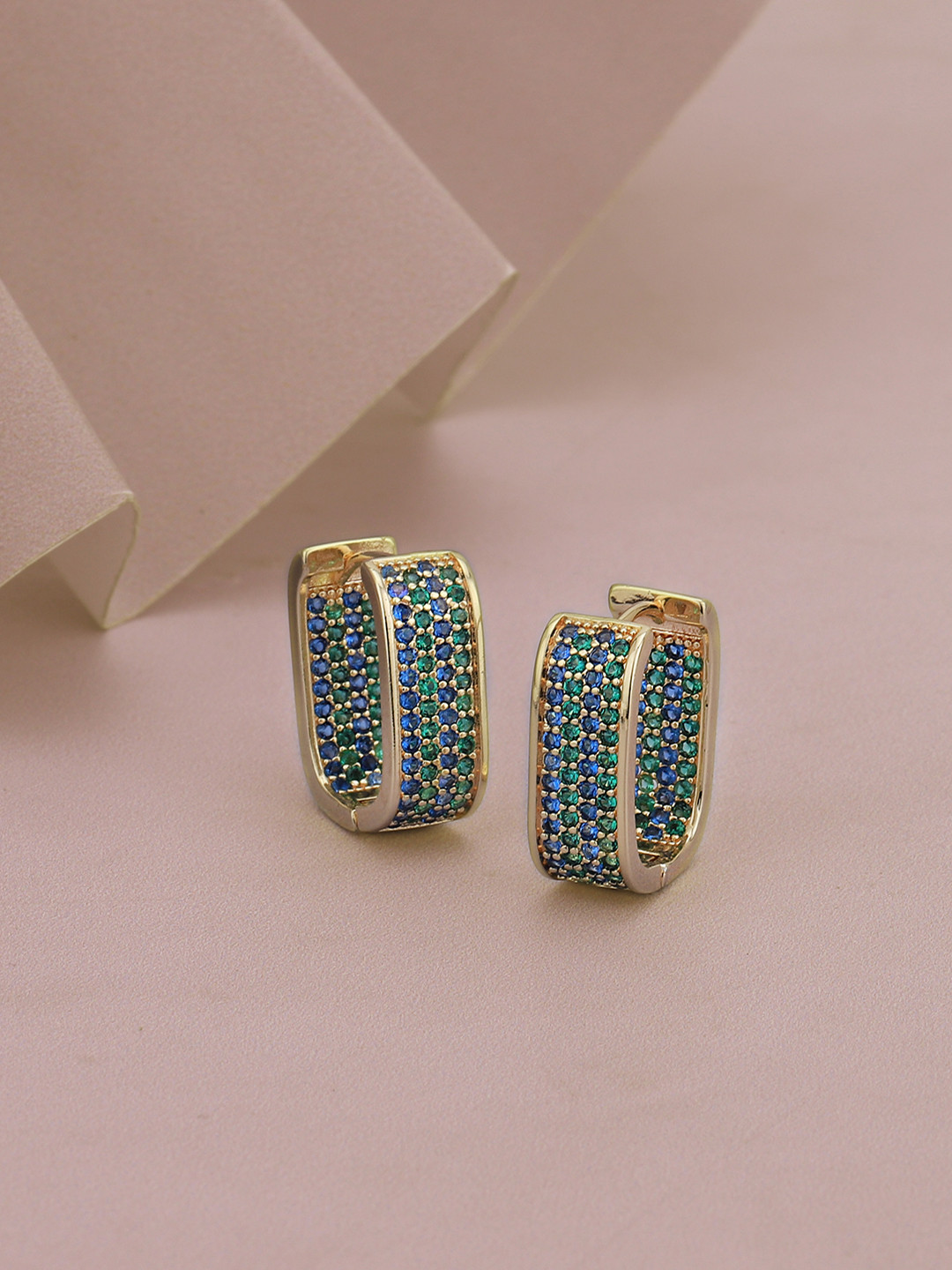 Carlton London Premium Gold Plated Blue CZ Oval Hoop Earrings