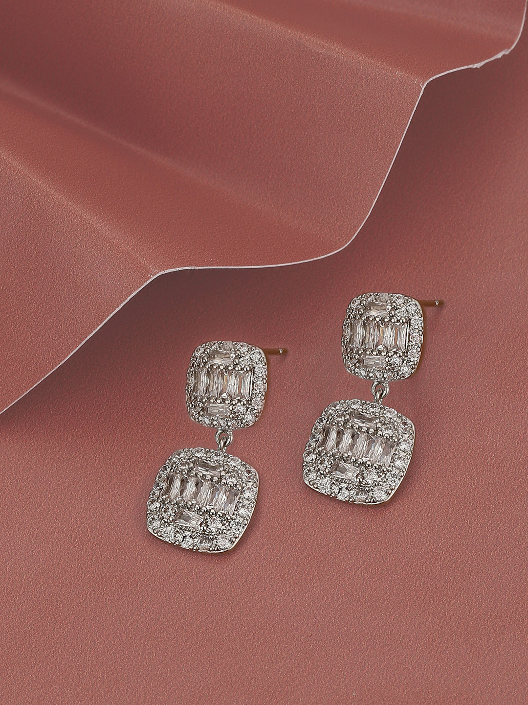 Carlton London Premium Rhodium-Plated CZ Square Drop Earrings