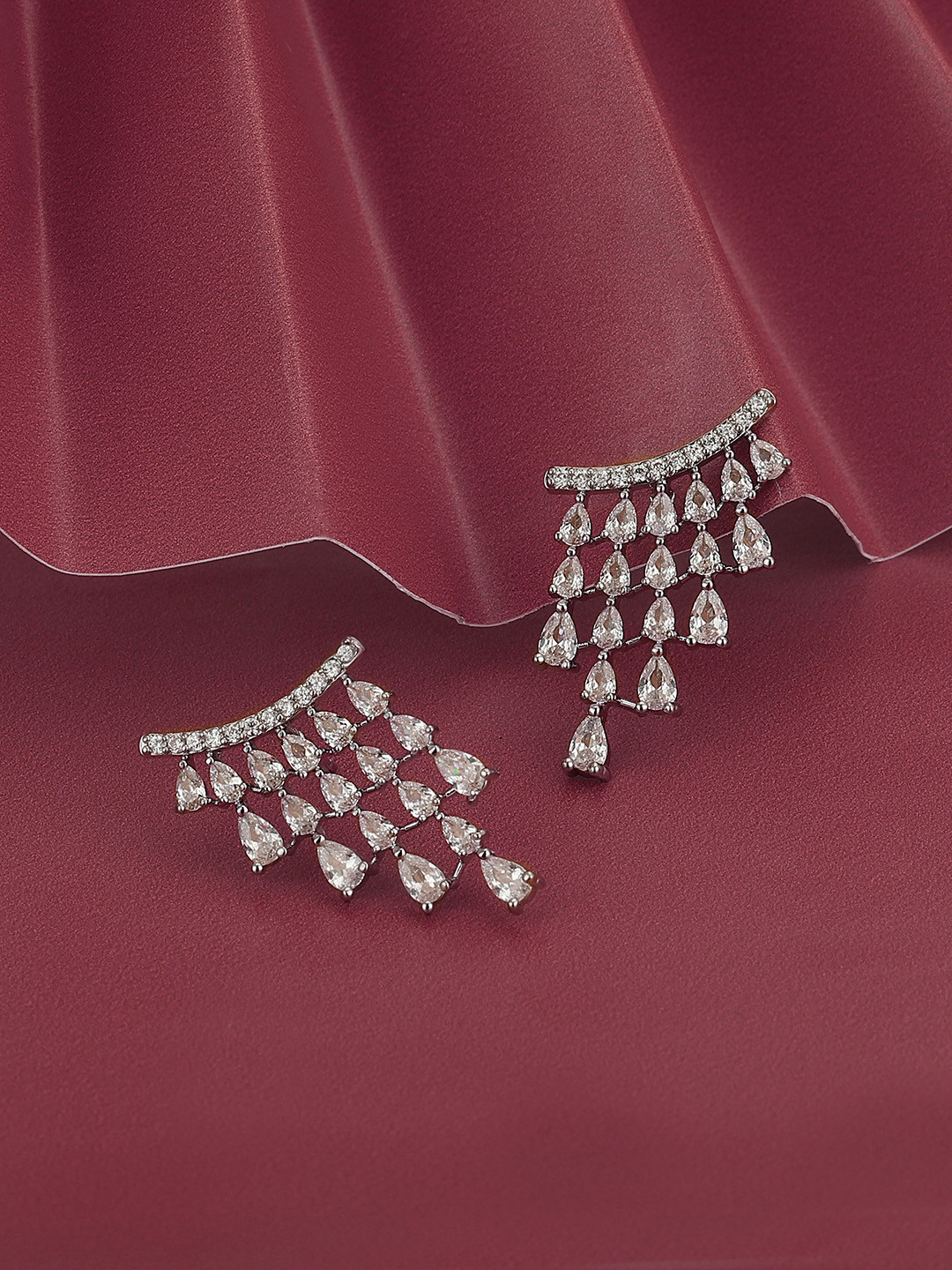 Carlton London Premium Rhodium-Plated CZ-Studded Contemporary Drop Earrings