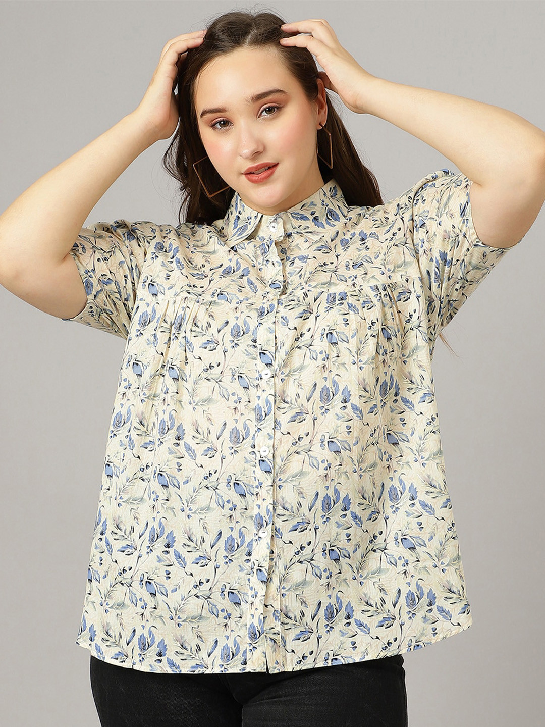 Curvy Lane Plus Size Floral Printed Shirt Collar Puff Sleeve Pleated Shirt Style Top