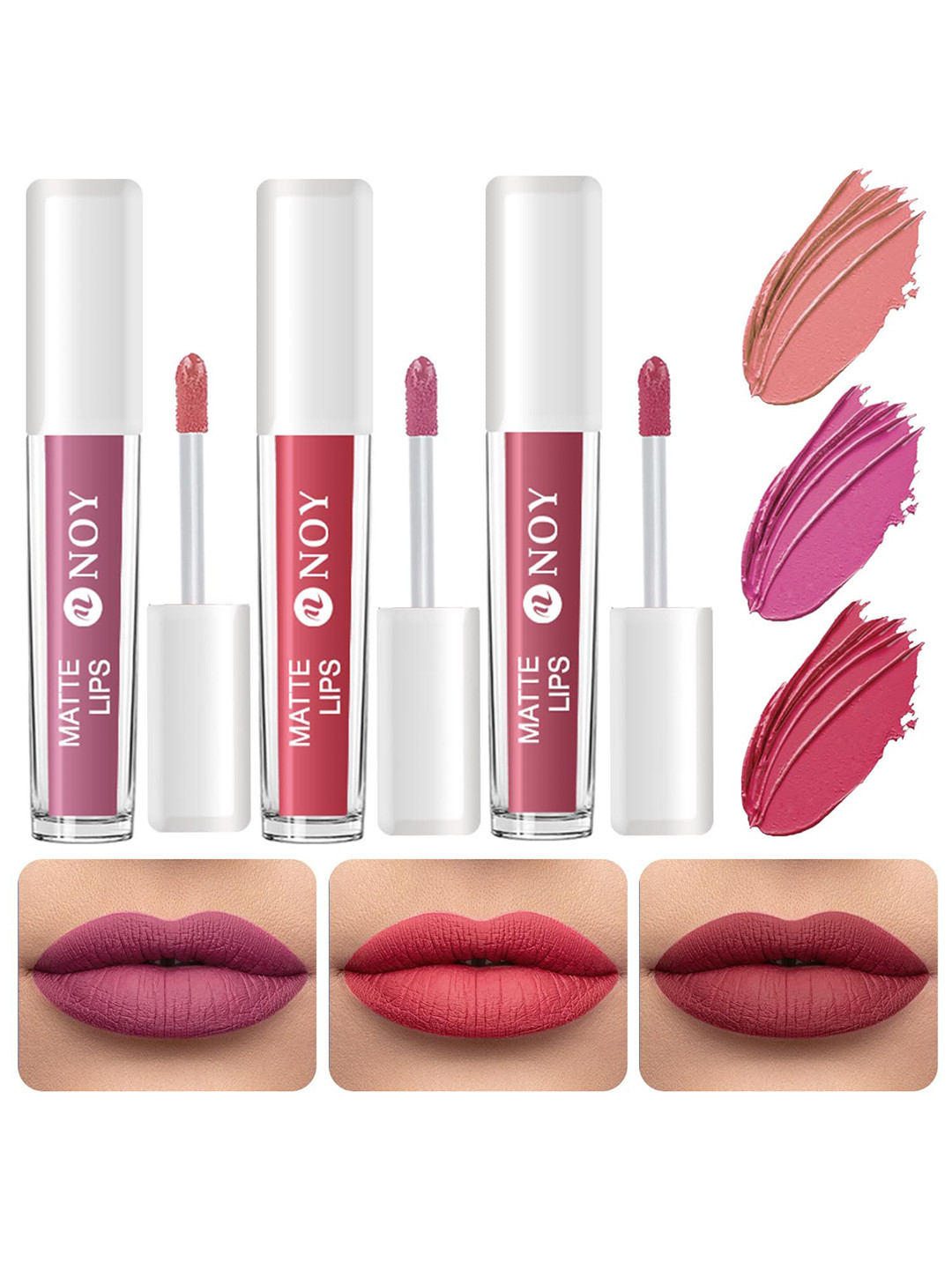 NOY 3Pcs Matte Lips Lightweight Liquid Lipstick 4ml Each - Nude Pink-Tan Nude-Mauve Nude
