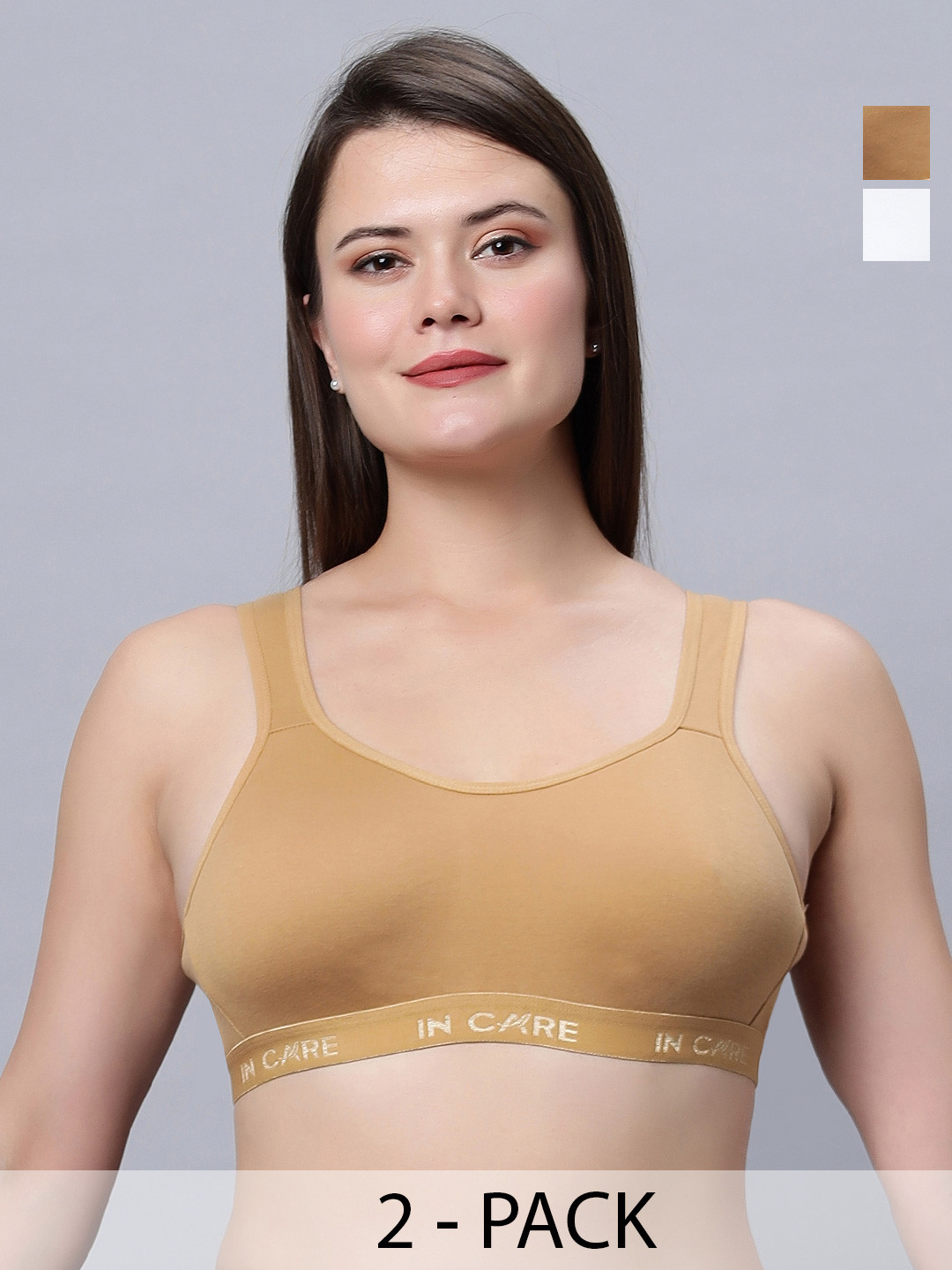 In Care Pack Of 2 Half Coverage Cotton Workout Sports Bras With All Day Comfort
