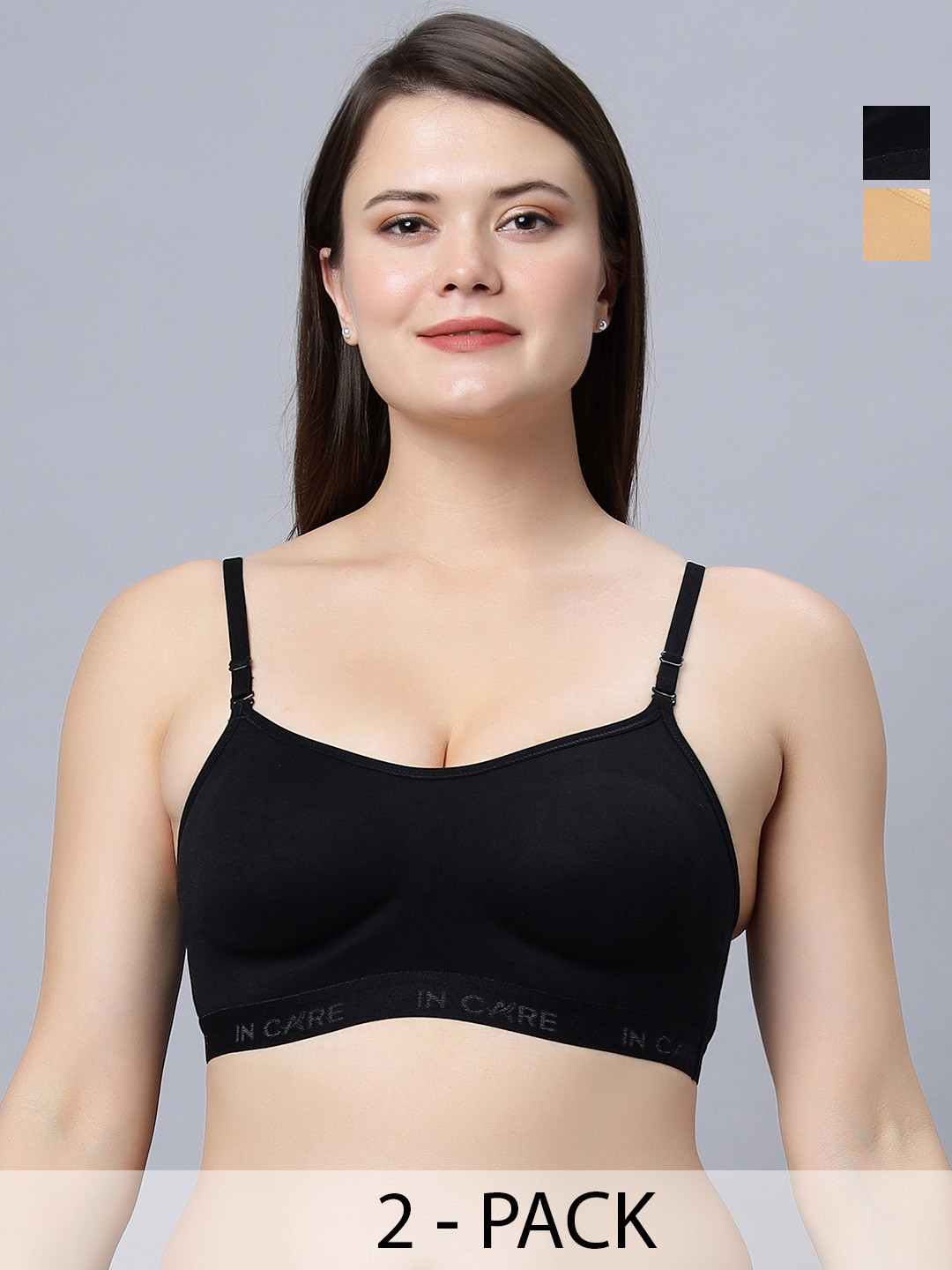 In Care Pack Of 2 Half Coverage Cotton Workout Sports Bras With All Day Comfort