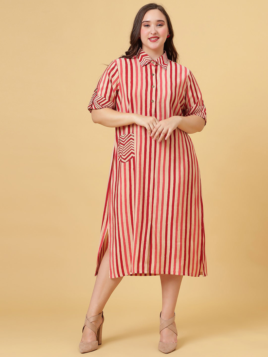 Curvy Lane Plus Size Striped Roll-Up Sleeves Midi Shirt Dress