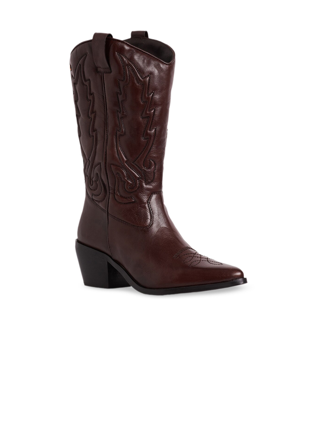 Peach Flores Women High Top Textured Block Heel Cowboy Boots