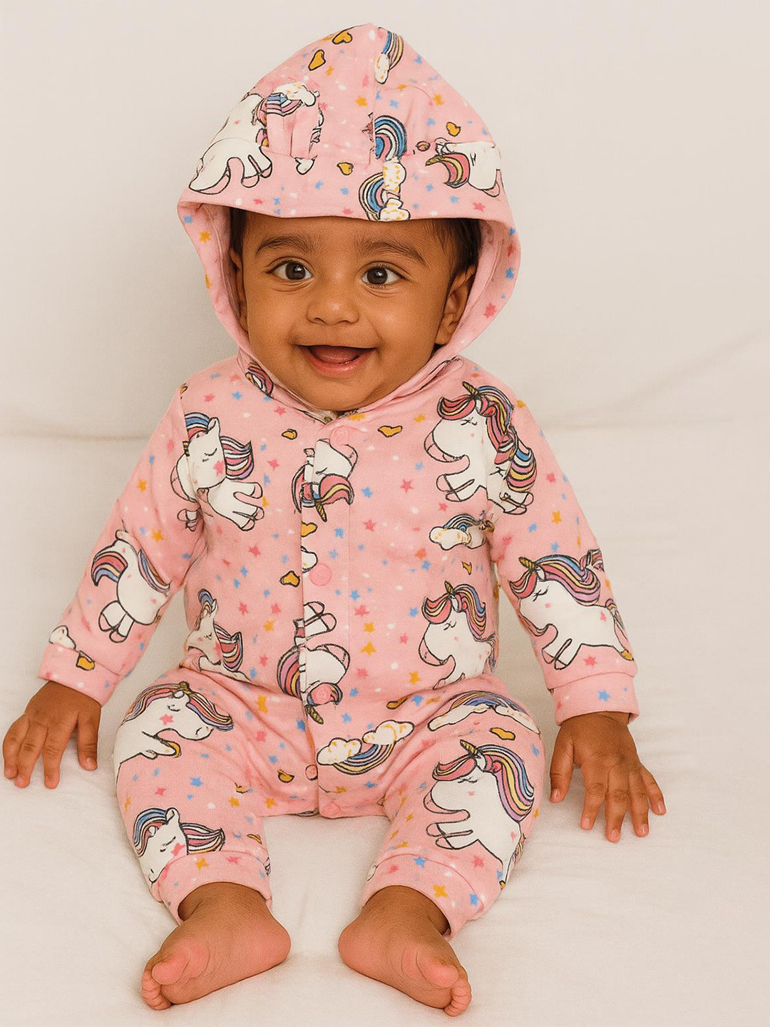 Buy MeeMee Infants Conversational Printed Hooded Cotton Rompers