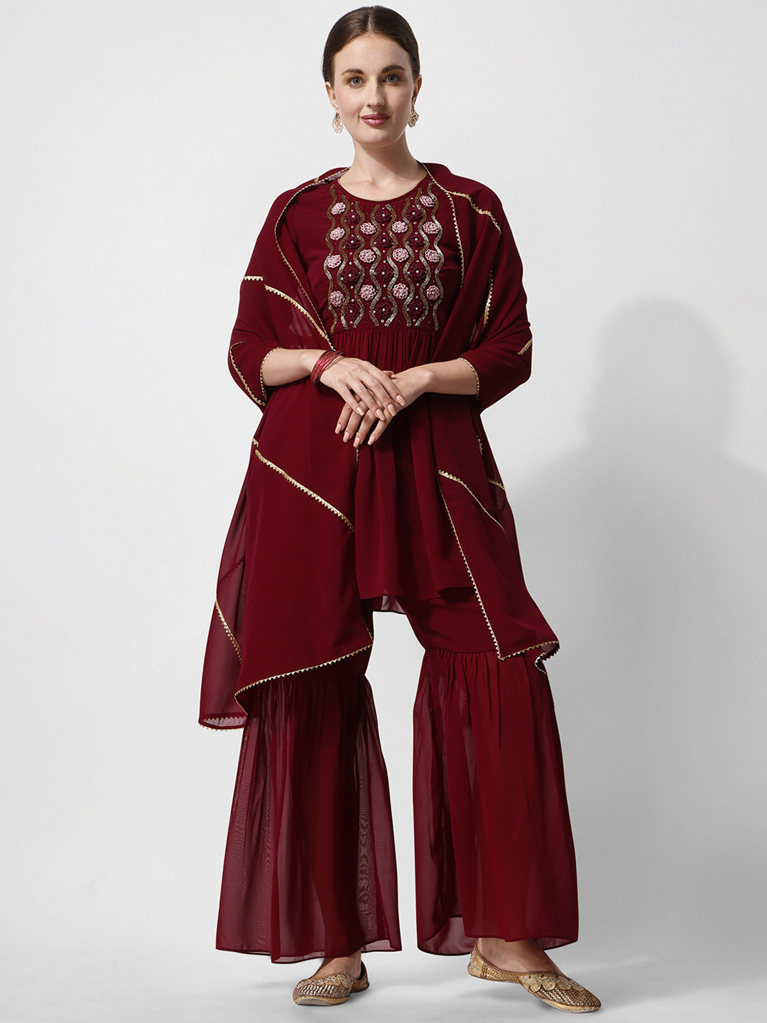 KALINI Floral Yoke Design Gotta Patti Georgette A Line Kurti With Sharara & Dupatta