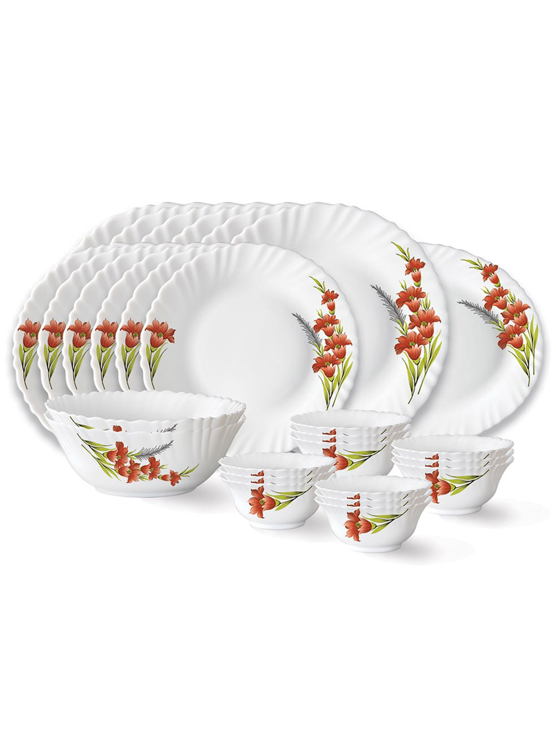 Larah by BOROSIL Fluted Red Iris White Floral Opalware Microwave Safe 27 Piece Dinner Set
