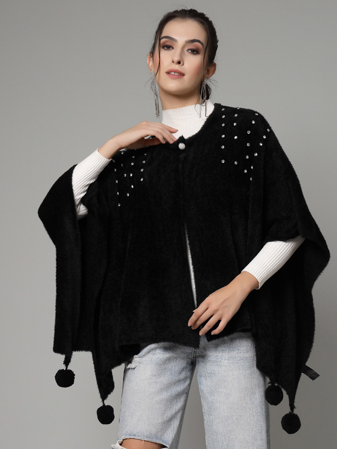 Mafadeny Round Neck Embellished Poncho Sweater