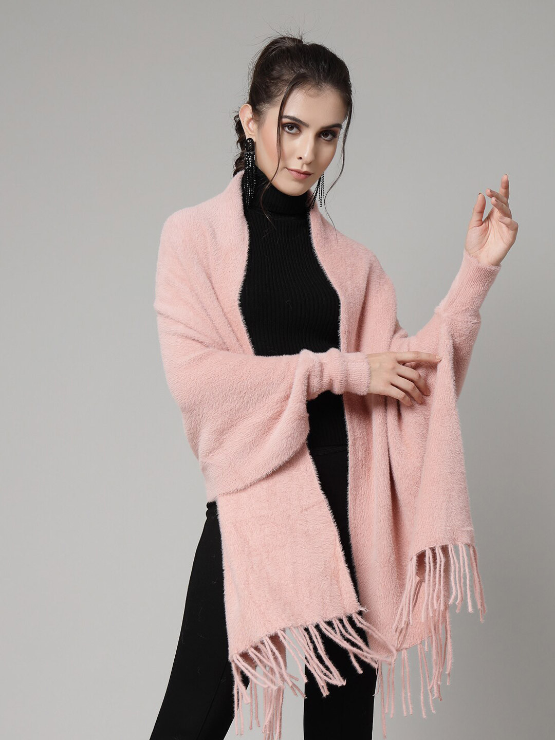 Mafadeny Women Solid Longline Poncho with Fringed Detail