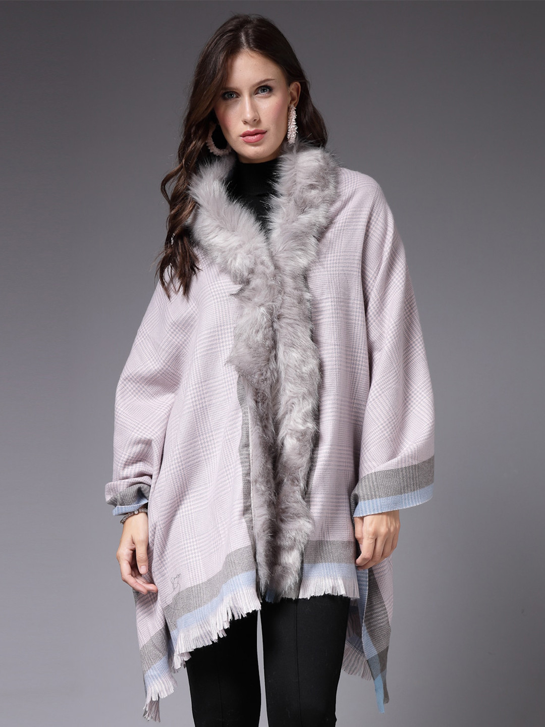 Mafadeny Checked V-Neck Long Sleeves Poncho Sweater