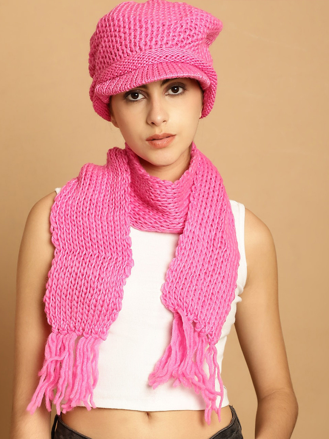 LOOM LEGACY Self Design Acrylic Wool Visor Cap With Muffle