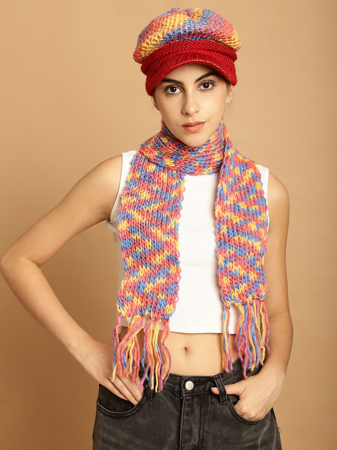 LOOM LEGACY Self Design Acrylic Wool Visor Cap With Muffle