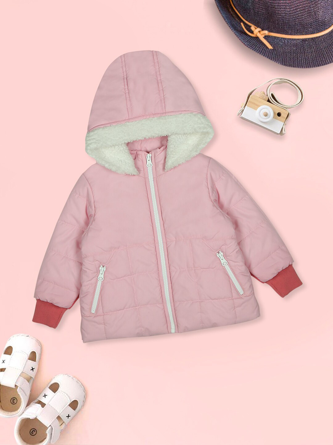 MeeMee Girls Pink Striped Windcheater Longline Puffer Jacket
