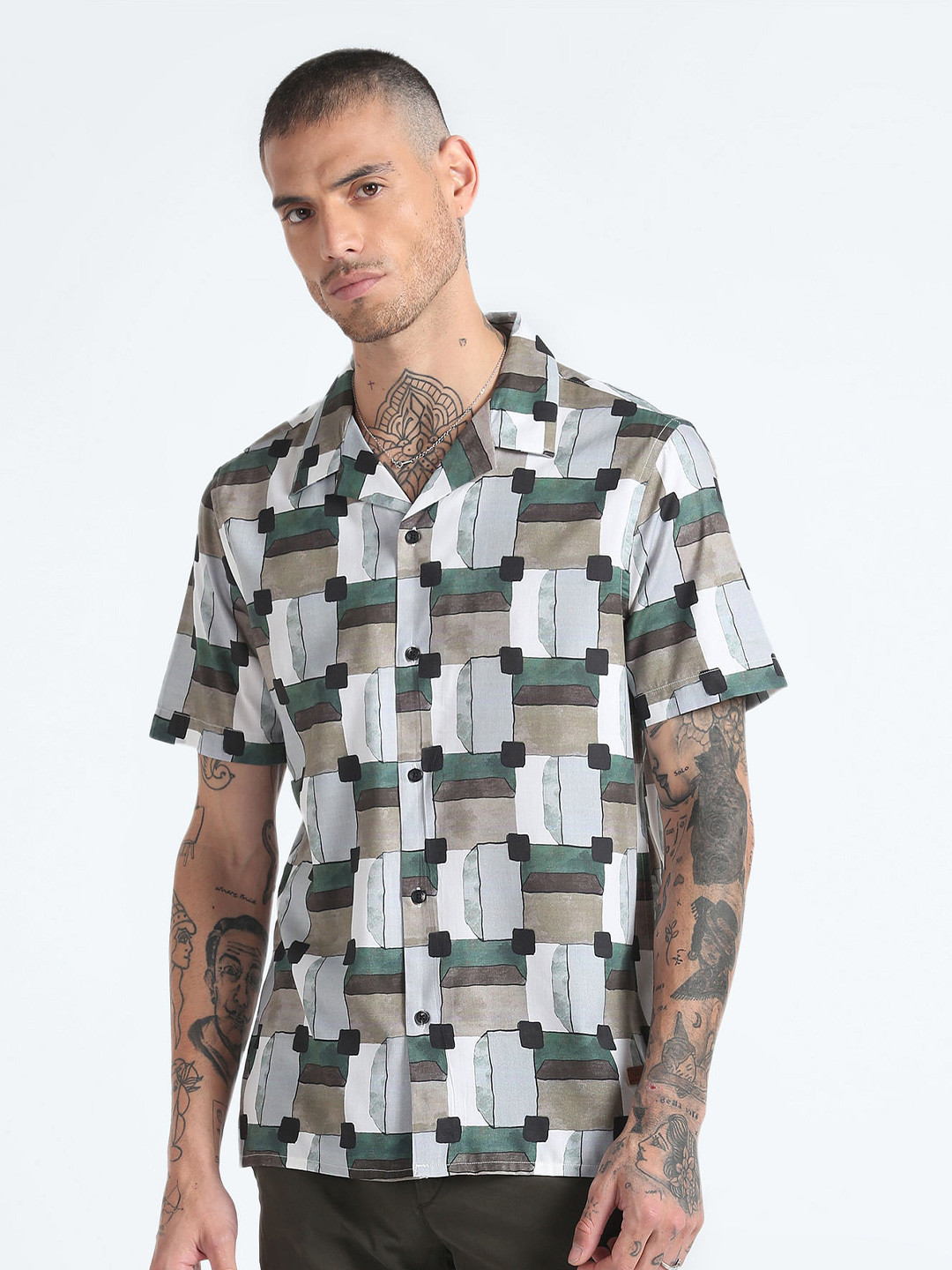 Flying Machine Cuban Collar Slim Fit Geometric Printed Casual Cotton Shirt