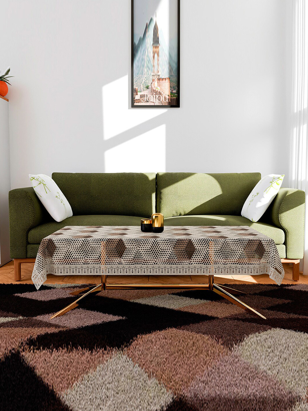 Kuber Industries Cream-color & Brown Geometric Table Cover