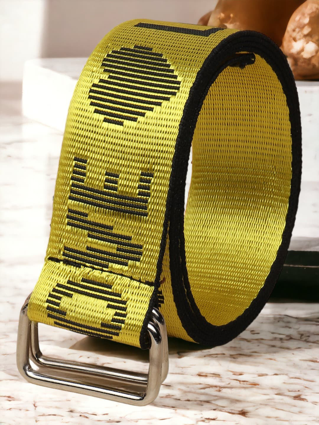 The Roaster Lifestyle Co. Men Yellow Printed D-Ring Buckle Slim Belt