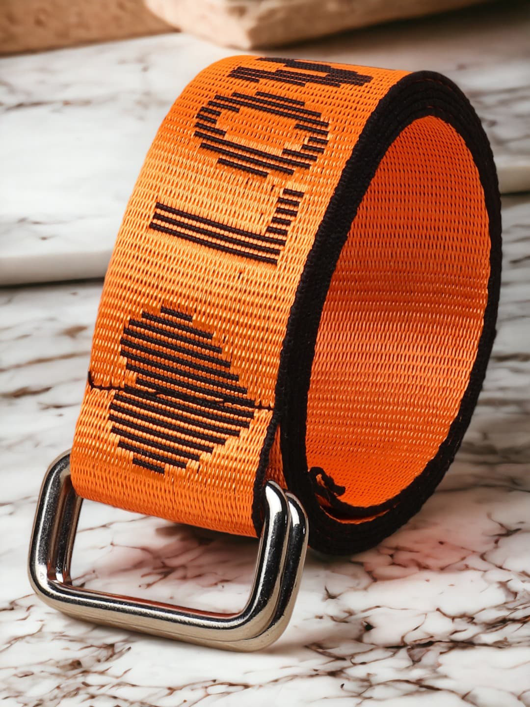 Roadster Men Orange-Coloured Typography Printed D-Ring Buckle Belt