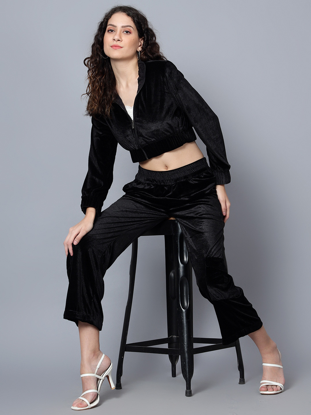 ANVI Be Yourself Black Shirt Collar Velvet Crop Jacket With Trousers