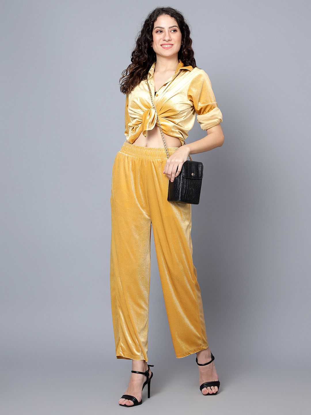 ANVI Be Yourself Yellow Shirt Collar Velvet Shirt With Trousers