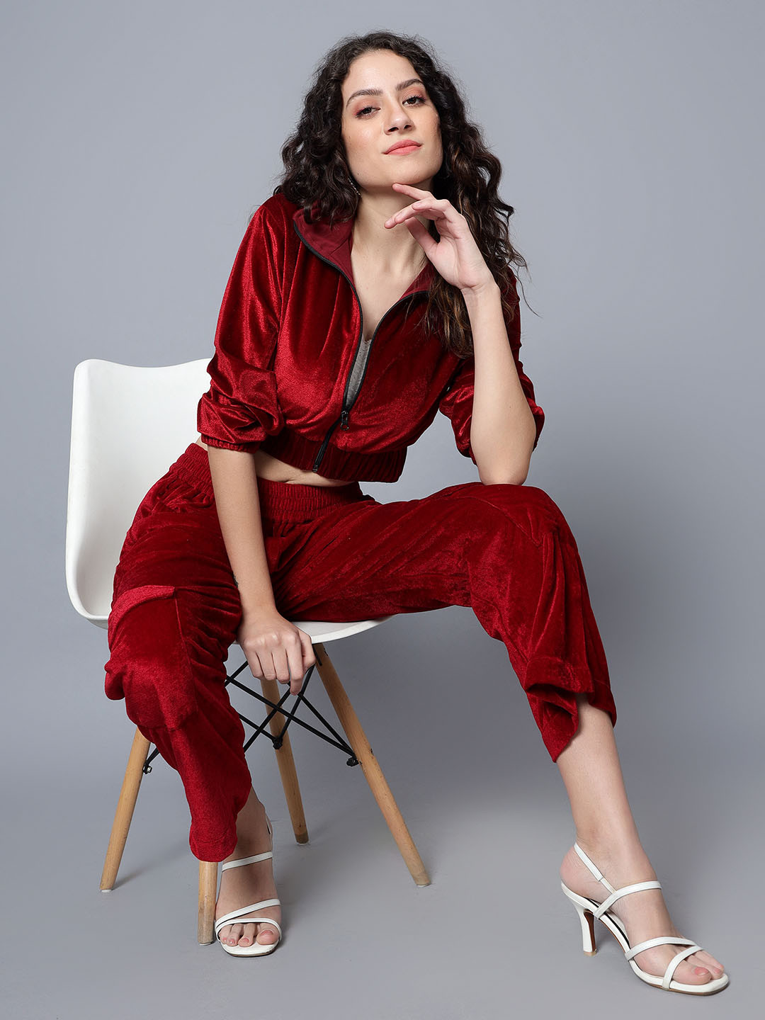 ANVI Be Yourself Maroon Shirt Collar Velvet Crop Jacket With Trousers