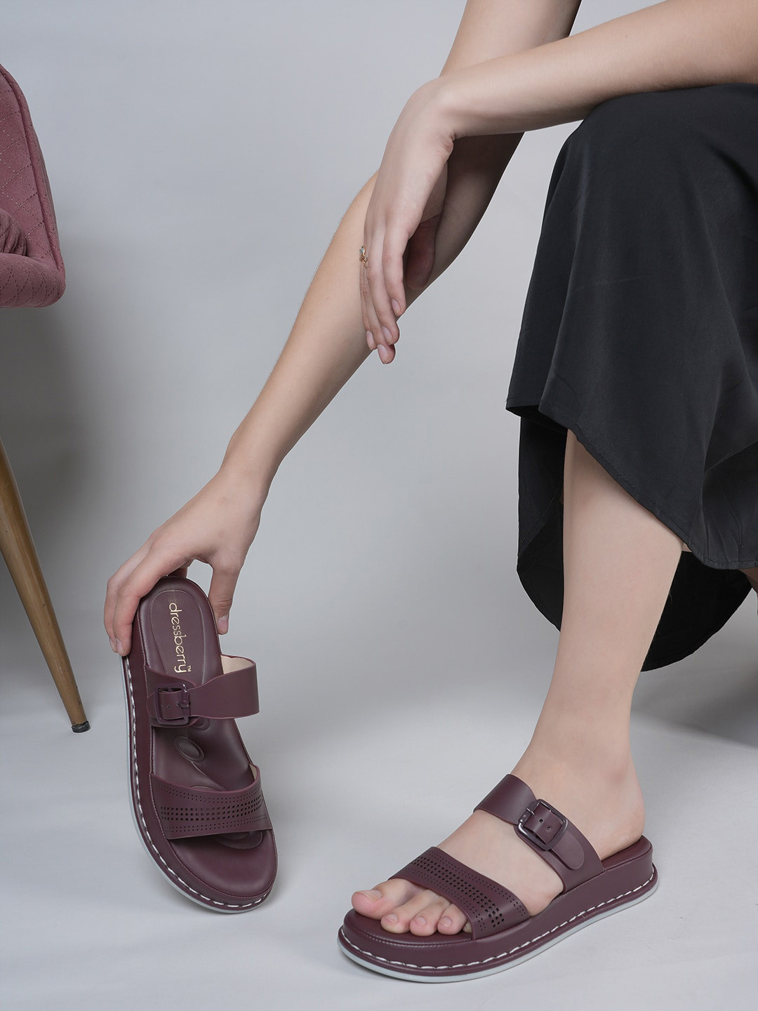 DressBerry Maroon Perforated Laser Cut Double Strap Open Toe Flats